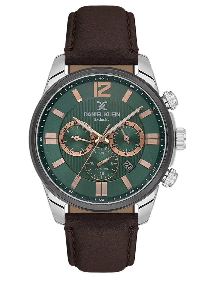 DANIEL KLEIN Men's Leather Silver and Black Alloy Case Analog Green Round Emboss Dial Japanese Quartz Exclusive 50 Meters Water Resistant